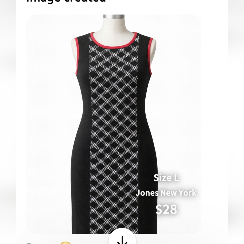 Jones New York Black Sheath Dress with White Plaid Center and Pink Trim